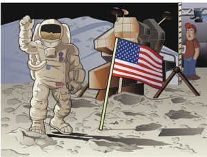 Illustration of the accusation that the moon landing was a hoax