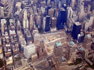 Bird's eye view of "ground zero" after the 9/11 attacks and before construction of the Freedom Tower