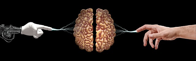 Human hand touching a brain and AI hand touching a brain