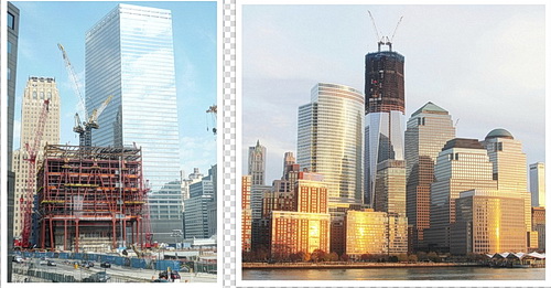 Collage of WTC Freedom Tower under construction